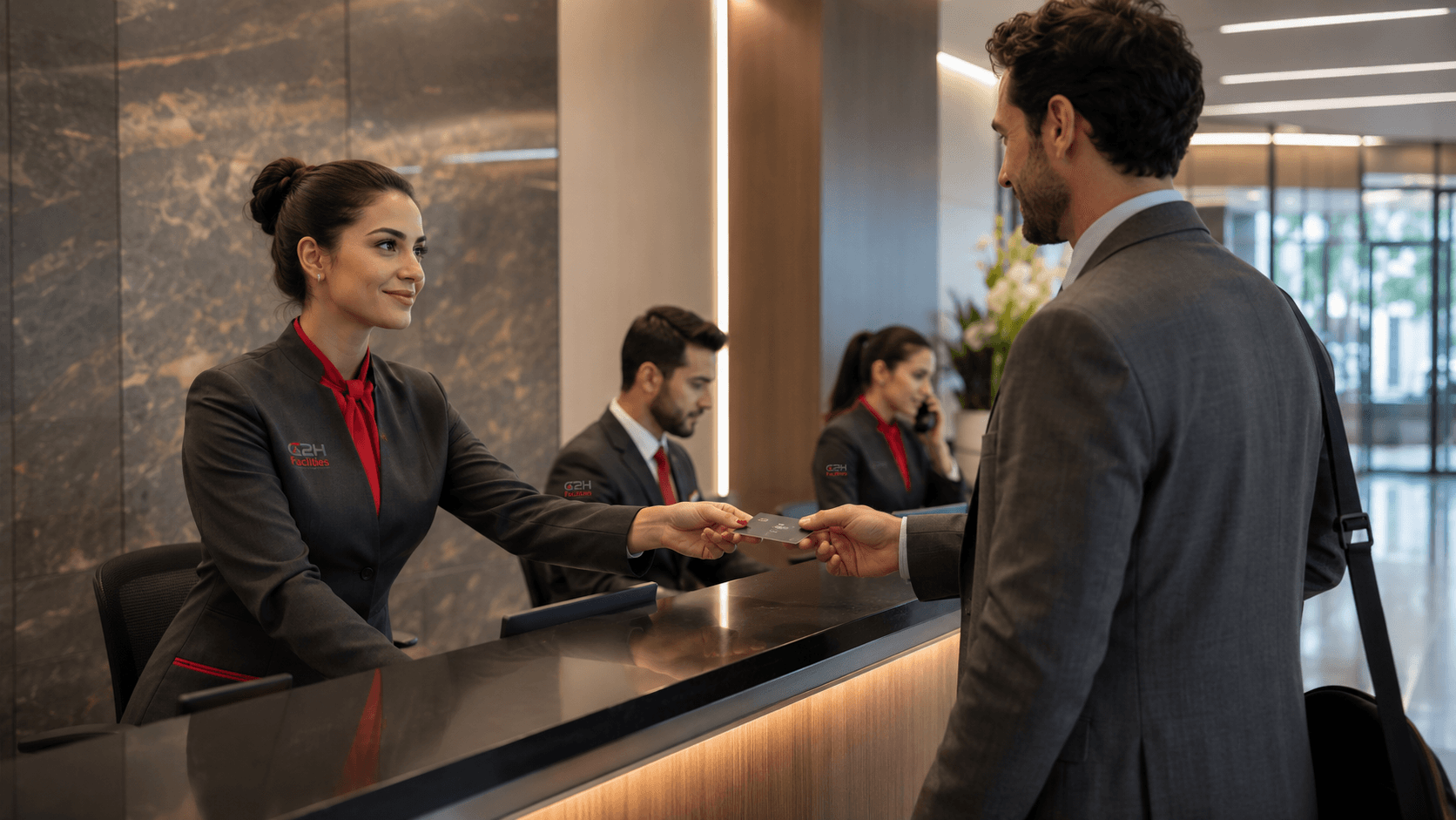 Recepcionista da C2H Facilities atendendo cliente em recepção corporativa